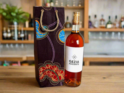 Ethnic, Fabric, Patterned, Handmade Dark Purple, Red, Yellow, and Blue Wine Gift Bag - Gezia Accents