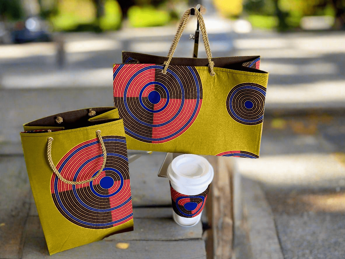 Ethnic, Fabric, Patterned, Handmade Green, Dark Brown, Yellow, Red, and Blue Medium Horizontal Bag - Gezia Accents