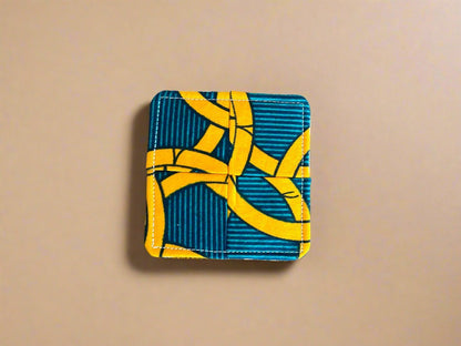 Ethnic, Fabric, Patterned, Handmade Green, Orange, Dark Blue, and White Coasters - Gezia Accents