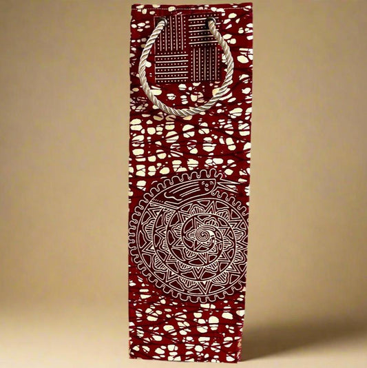 Ethnic, Fabric, Patterned, Handmade Maroon and Cream Wine Gift Bag - Gezia Accents