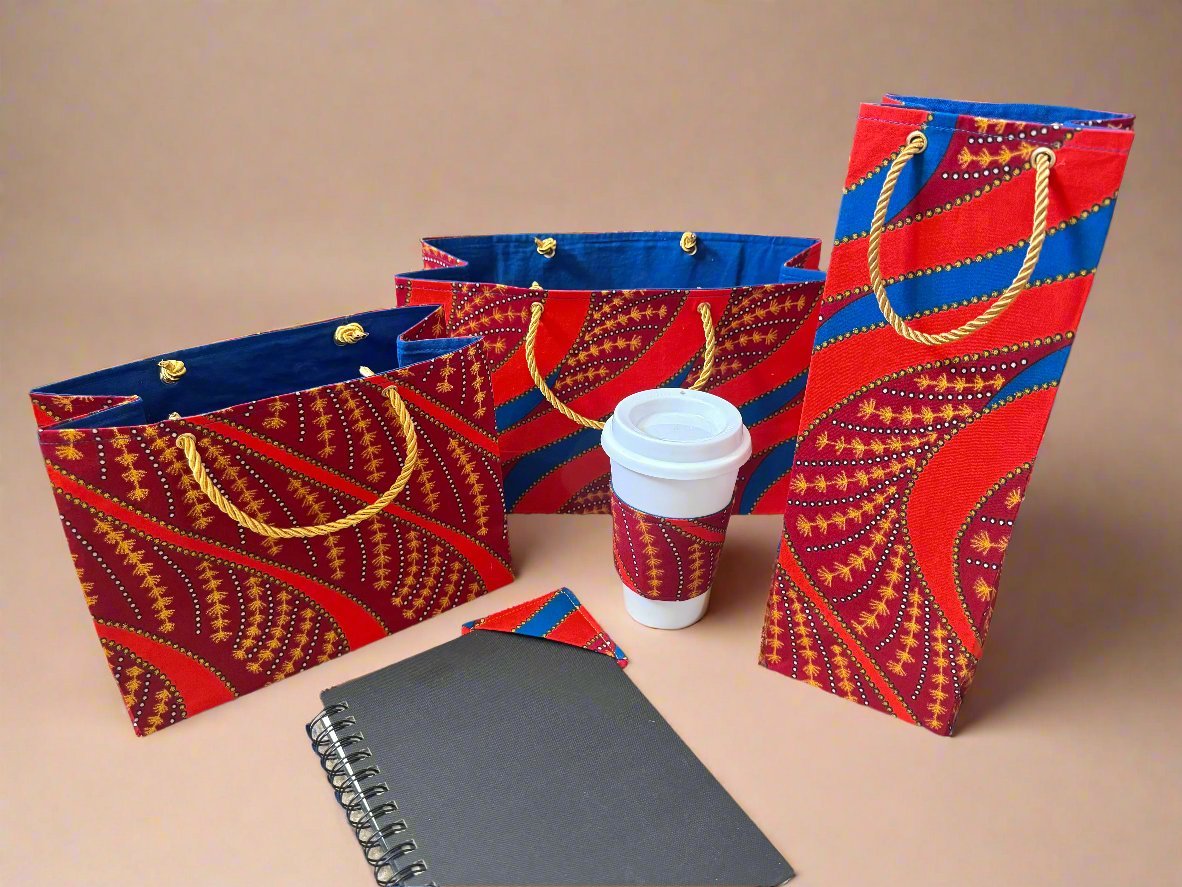 Ethnic, Fabric, Patterned, Handmade Maroon, Blue, Orange, and Gold Small Wardrobe Bag - Gezia Accents