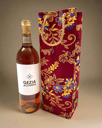 Ethnic, Fabric, Patterned, Handmade Maroon, Purple and Gold Wine Gift Bag - Gezia Accents