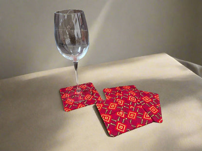 Ethnic, Fabric, Patterned, Handmade Maroon, Red, and Gold Coasters - Gezia Accents