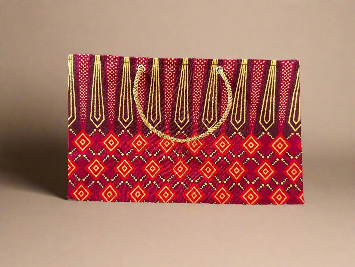 Ethnic, Fabric, Patterned, Handmade Maroon, Red, and Gold Medium Horizontal Bag - Gezia Accents