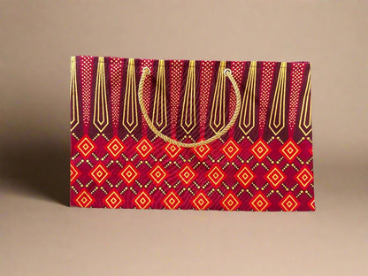 Ethnic, Fabric, Patterned, Handmade Maroon, Red, and Gold Medium Horizontal Bag - Gezia Accents