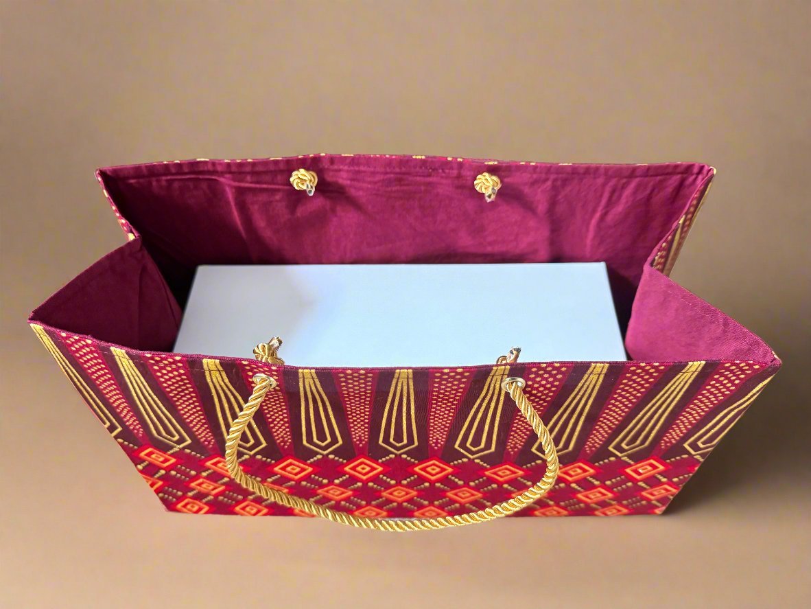 Ethnic, Fabric, Patterned, Handmade Maroon, Red, and Gold Medium Horizontal Bag - Gezia Accents