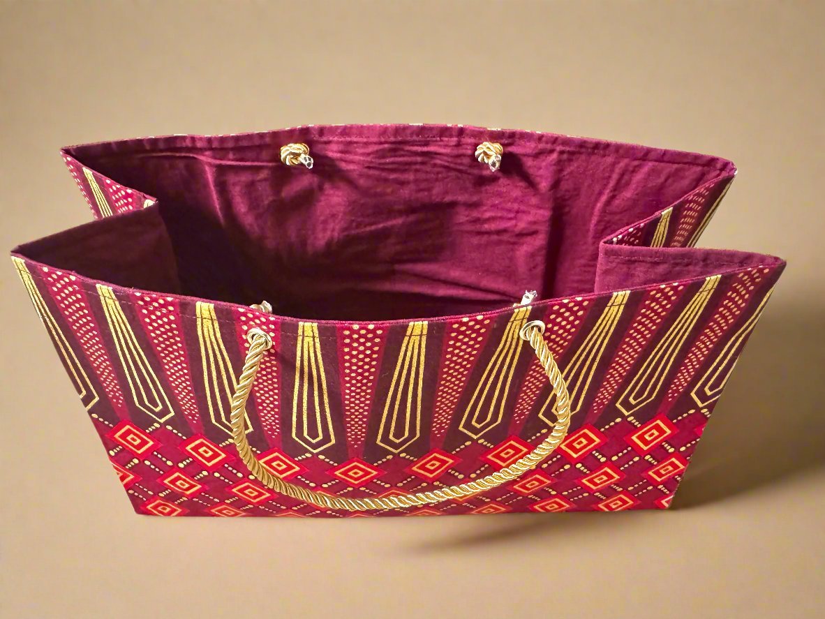 Ethnic, Fabric, Patterned, Handmade Maroon, Red, and Gold Medium Horizontal Bag - Gezia Accents