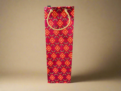 Ethnic, Fabric, Patterned, Handmade Maroon, Red and Gold Wine Gift Bag - Gezia Accents