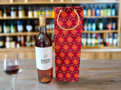 Ethnic, Fabric, Patterned, Handmade Maroon, Red and Gold Wine Gift Bag - Gezia Accents