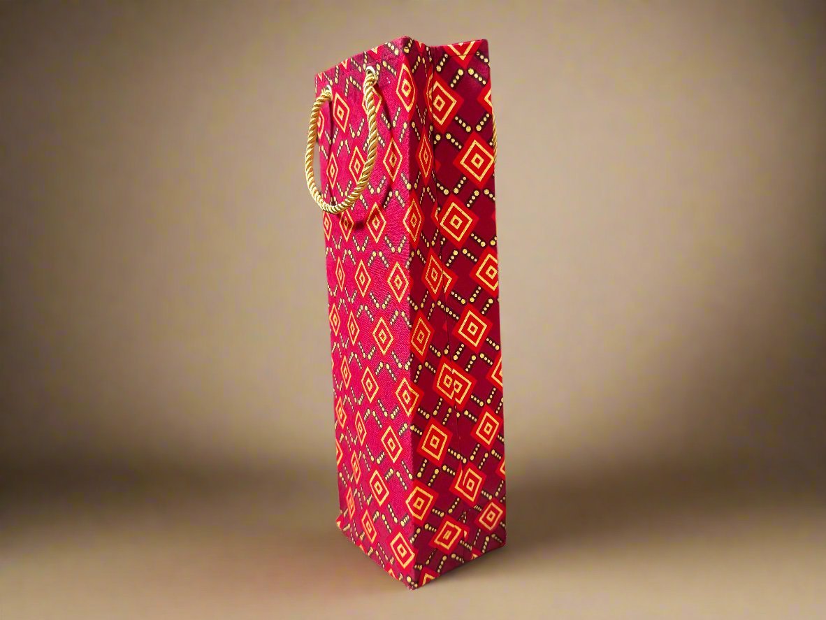 Ethnic, Fabric, Patterned, Handmade Maroon, Red and Gold Wine Gift Bag - Gezia Accents