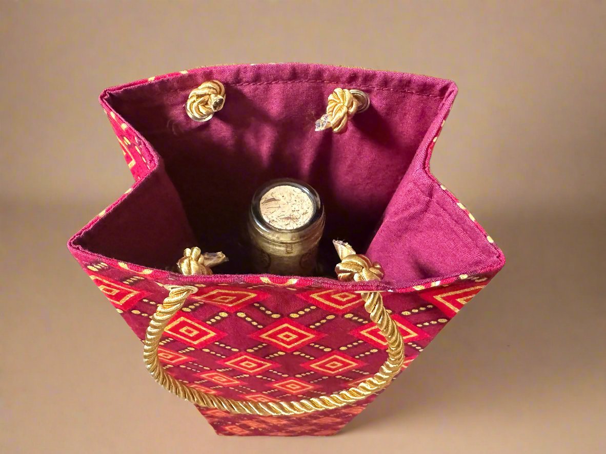 Ethnic, Fabric, Patterned, Handmade Maroon, Red and Gold Wine Gift Bag - Gezia Accents