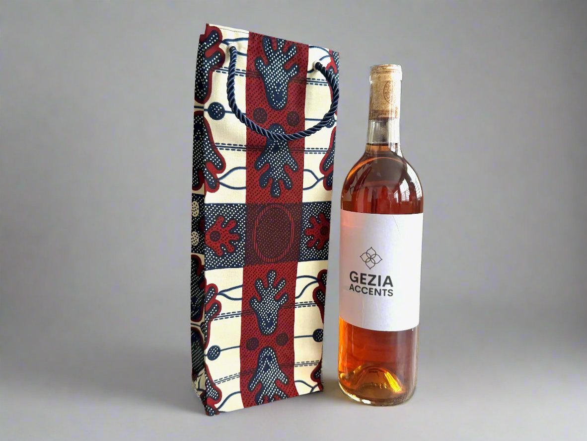 Ethnic, Fabric, Patterned, Handmade Navy Blue, Maroon, and Cream Wine Gift Bag - Gezia Accents