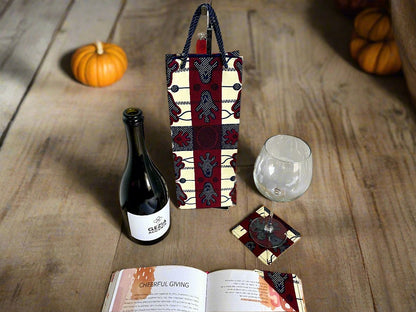 Ethnic, Fabric, Patterned, Handmade Navy Blue, Maroon, and Cream Wine Gift Bag - Gezia Accents