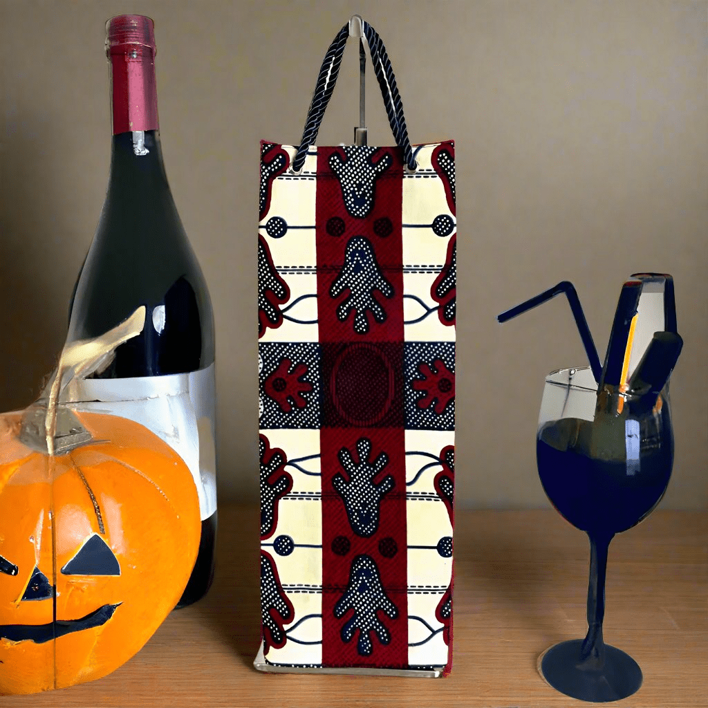 Ethnic, Fabric, Patterned, Handmade Navy Blue, Maroon, and Cream Wine Gift Bag - Gezia Accents