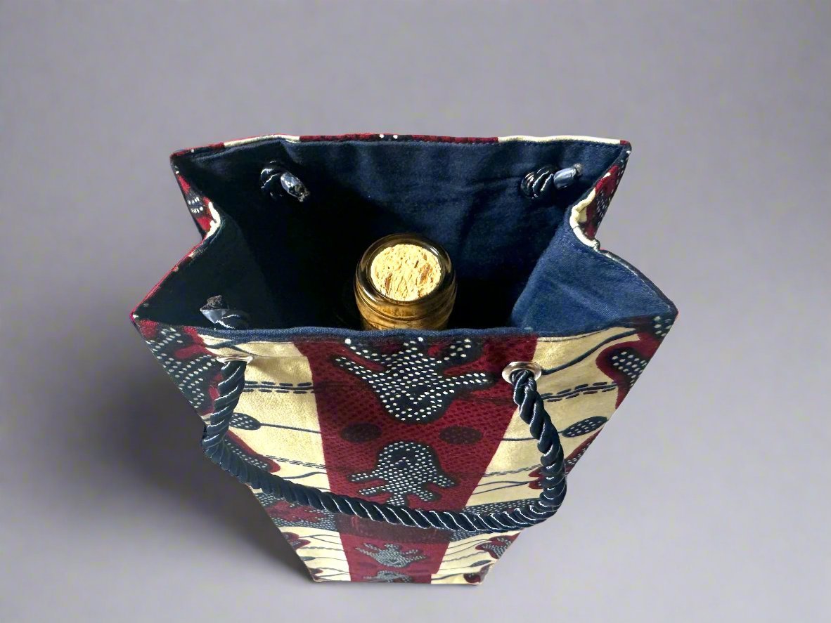 Ethnic, Fabric, Patterned, Handmade Navy Blue, Maroon, and Cream Wine Gift Bag - Gezia Accents