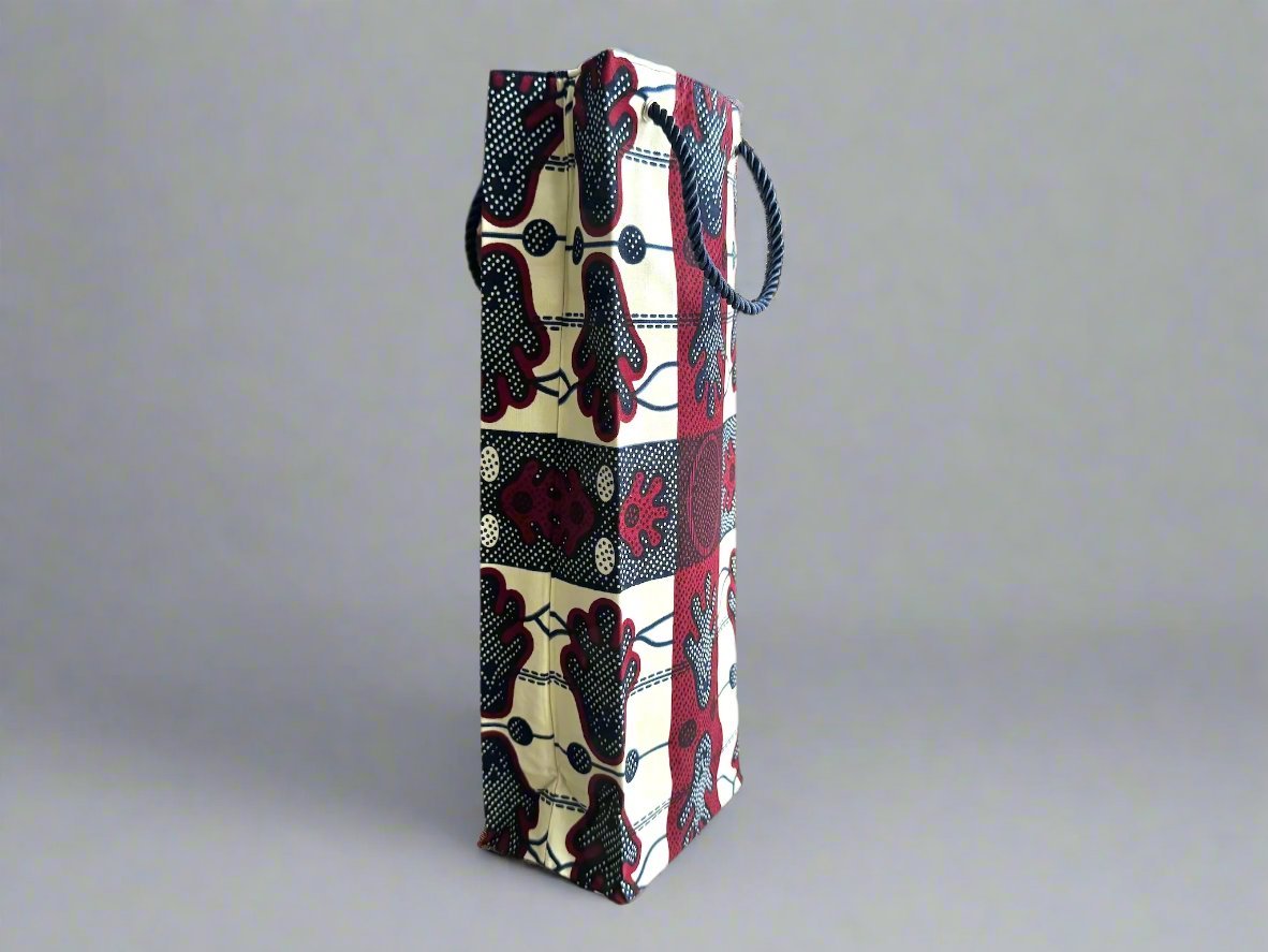 Ethnic, Fabric, Patterned, Handmade Navy Blue, Maroon, and Cream Wine Gift Bag - Gezia Accents