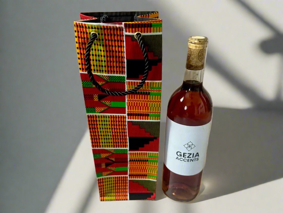 Ethnic, Fabric, Patterned, Handmade Orange, Black, Red, Yellow, and Green Wine Gift Bag - Gezia Accents