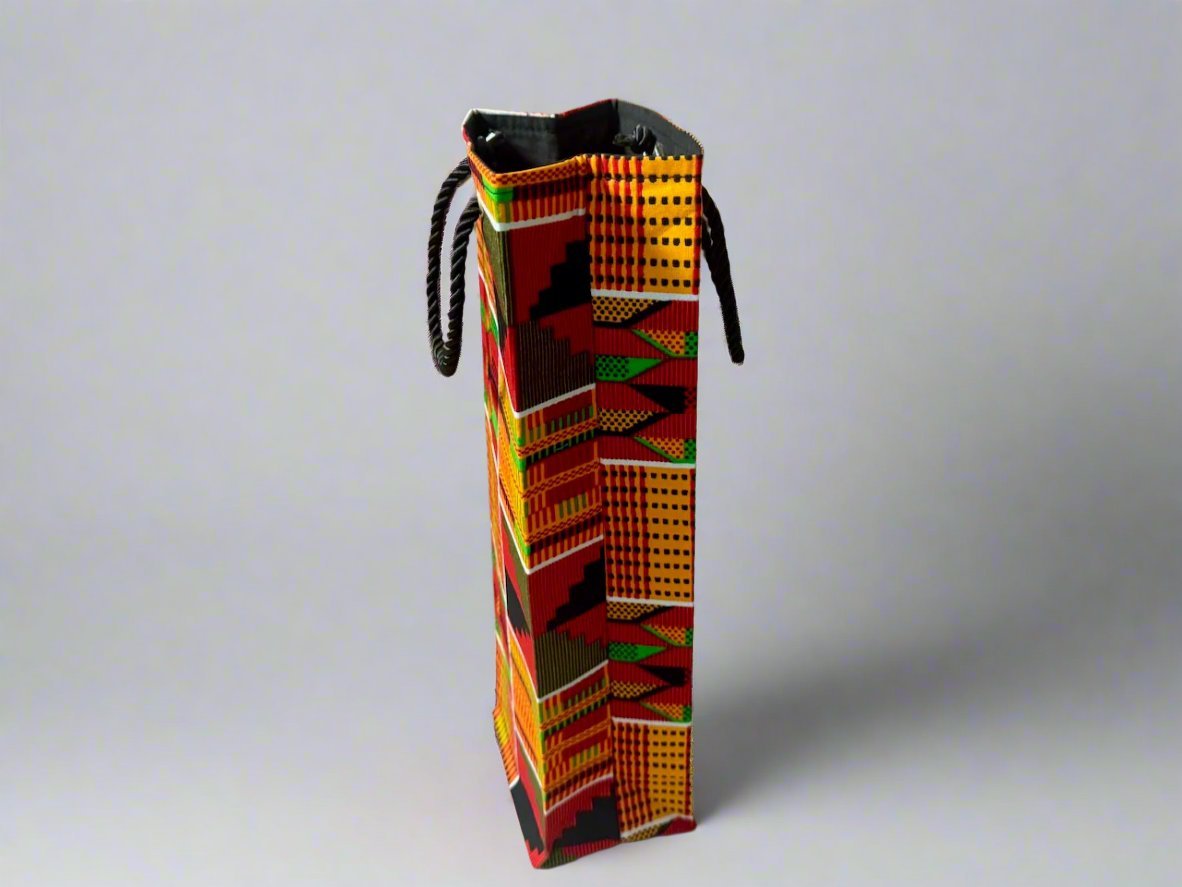 Ethnic, Fabric, Patterned, Handmade Orange, Black, Red, Yellow, and Green Wine Gift Bag - Gezia Accents