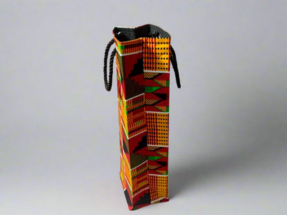 Ethnic, Fabric, Patterned, Handmade Orange, Black, Red, Yellow, and Green Wine Gift Bag - Gezia Accents