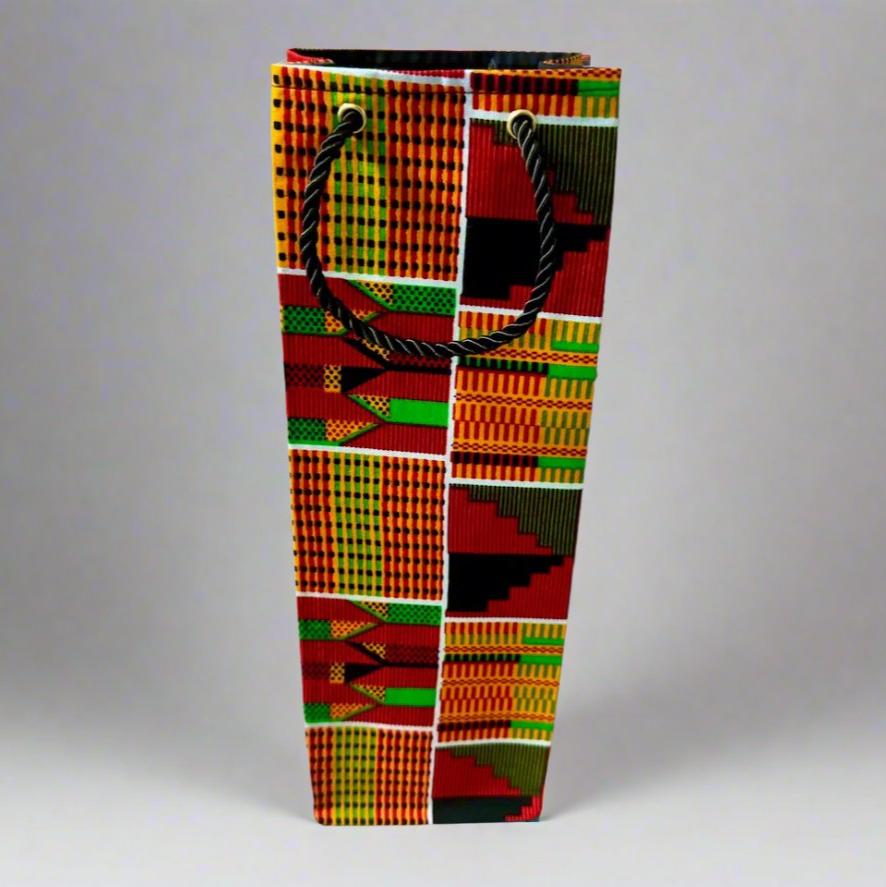 Ethnic, Fabric, Patterned, Handmade Orange, Black, Red, Yellow, and Green Wine Gift Bag - Gezia Accents