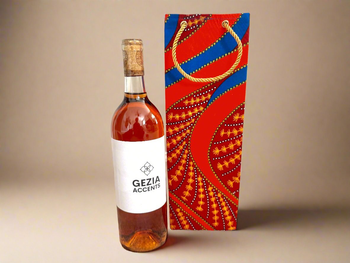 Ethnic, Fabric, Patterned, Handmade Orange, Maroon, Blue, and Gold Wine Gift Bag - Gezia Accents