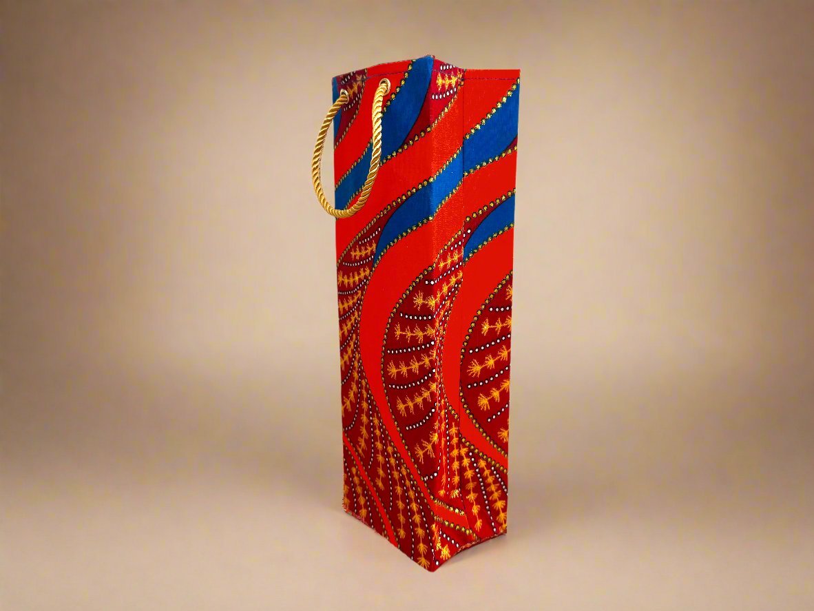 Ethnic, Fabric, Patterned, Handmade Orange, Maroon, Blue, and Gold Wine Gift Bag - Gezia Accents