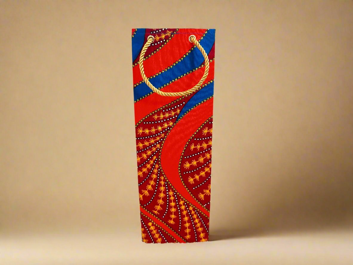 Ethnic, Fabric, Patterned, Handmade Orange, Maroon, Blue, and Gold Wine Gift Bag - Gezia Accents