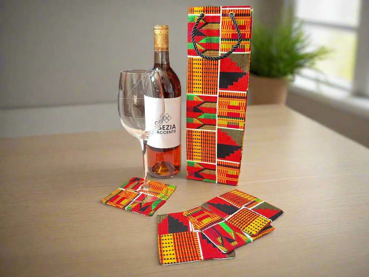 Ethnic, Fabric, Patterned, Handmade Orange, Yellow, Red, Black, and White Coasters - Gezia Accents
