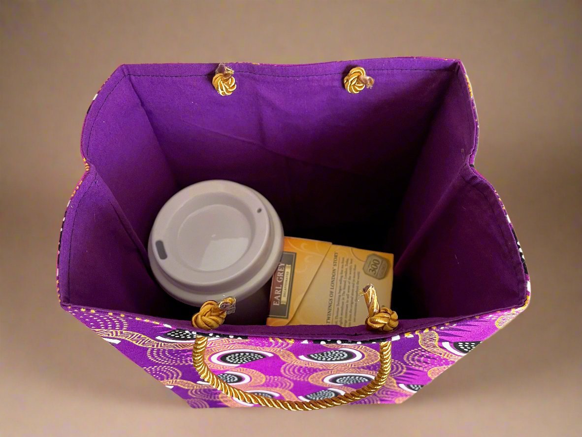 Ethnic, Fabric, Patterned, Handmade Purple, Black, White and Gold Small Bag - Gezia Accents