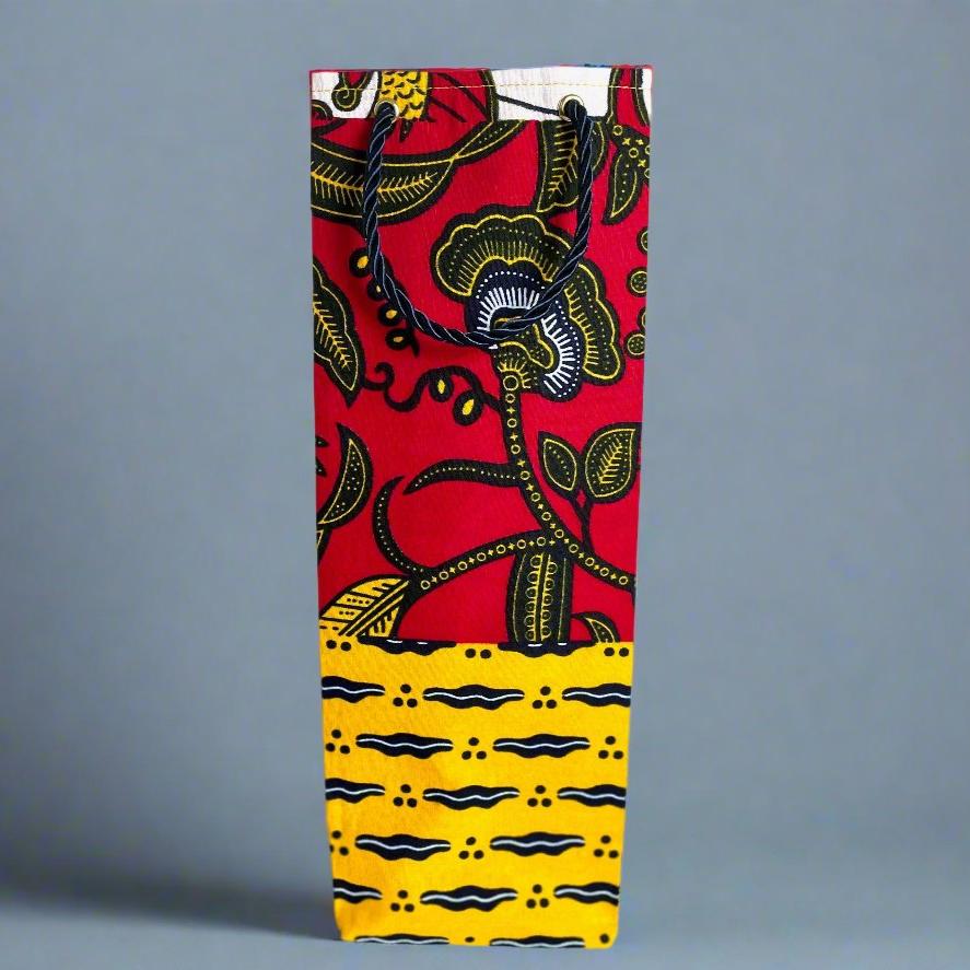 Ethnic, Fabric, Patterned, Handmade Red, Black, Yellow, and White Wine Gift Bag - Gezia Accents