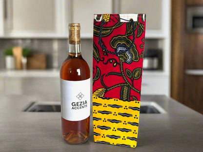 Ethnic, Fabric, Patterned, Handmade Red, Black, Yellow, and White Wine Gift Bag - Gezia Accents