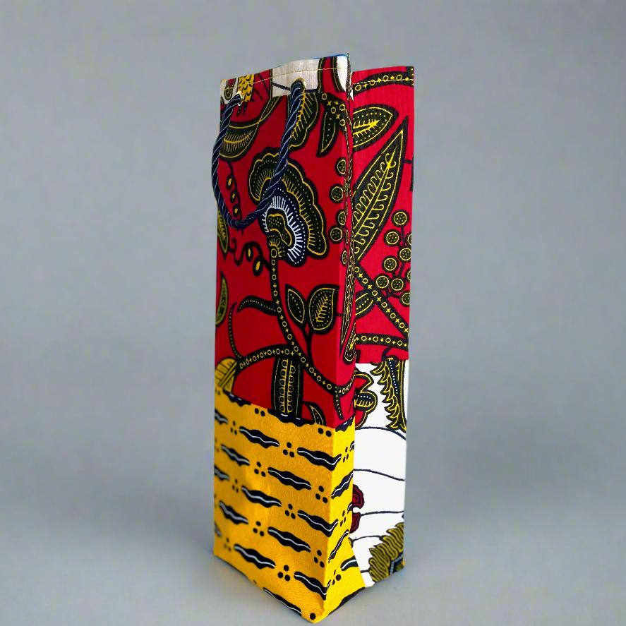 Ethnic, Fabric, Patterned, Handmade Red, Black, Yellow, and White Wine Gift Bag - Gezia Accents