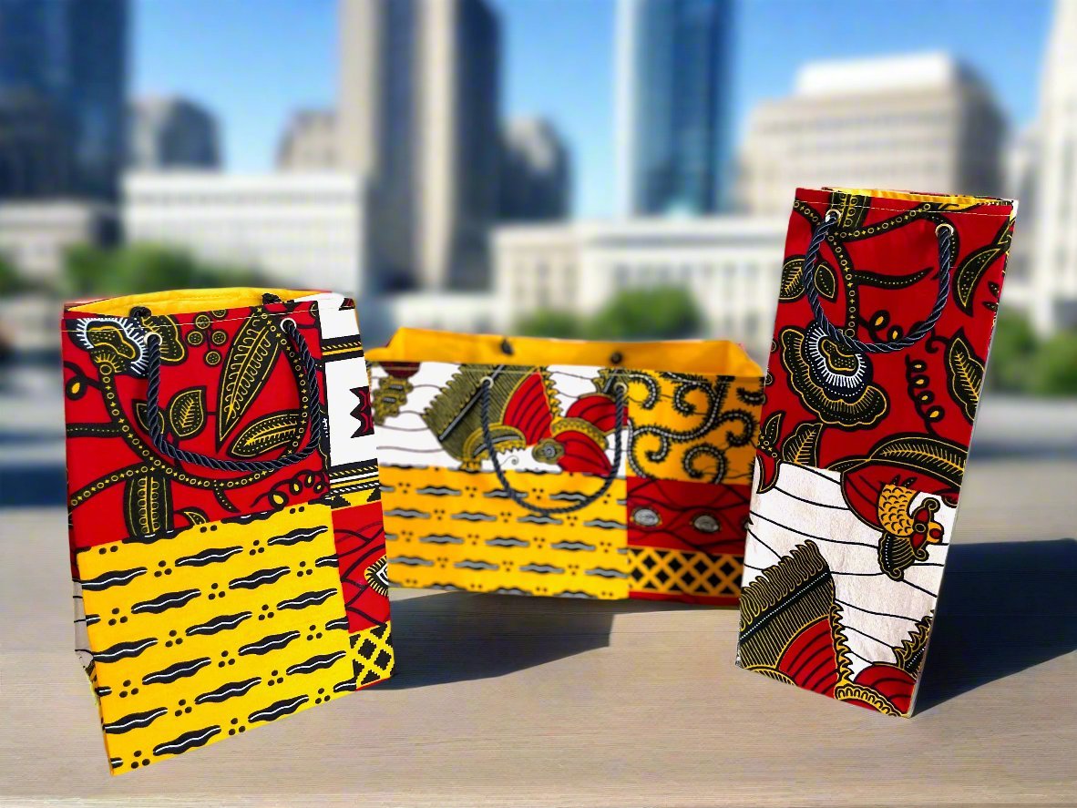 Ethnic, Fabric, Patterned, Handmade Red, Black, Yellow, and White Wine Gift Bag - Gezia Accents