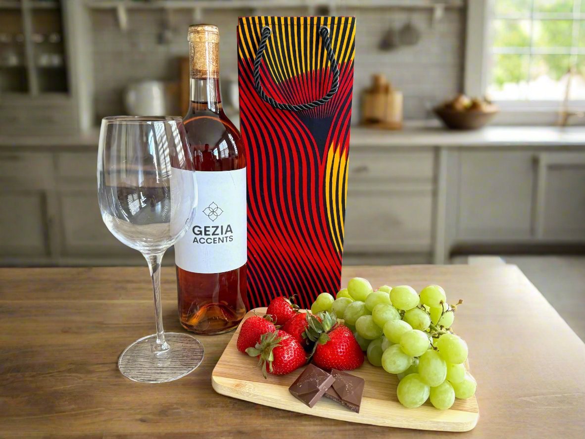 Ethnic, Fabric, Patterned, Handmade Red, Yellow, and Black Wine Gift Bag - Gezia Accents