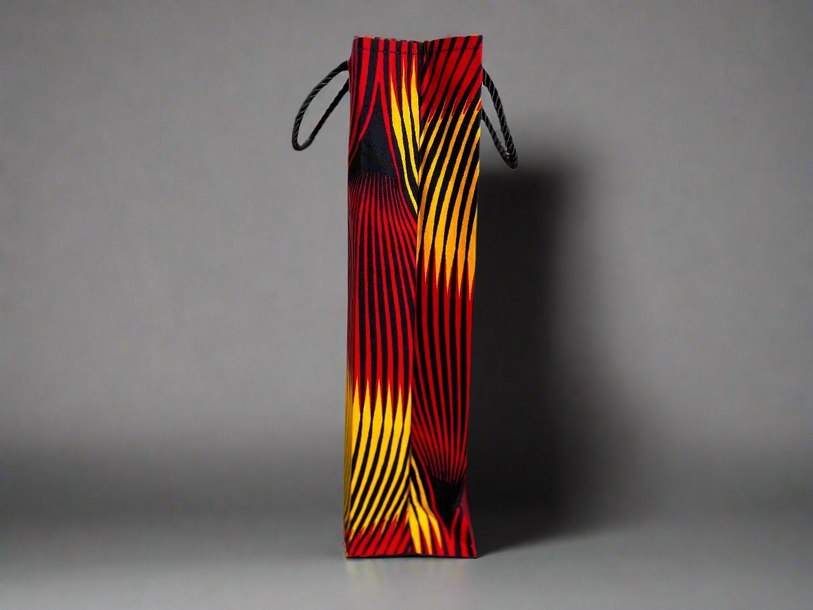 Ethnic, Fabric, Patterned, Handmade Red, Yellow, and Black Wine Gift Bag - Gezia Accents