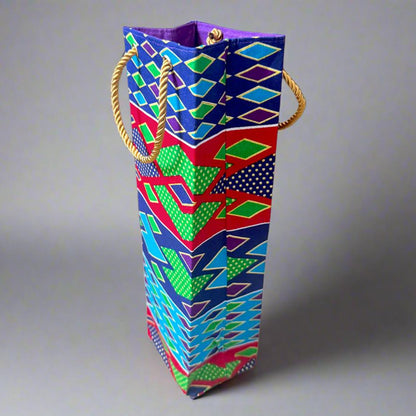 Ethnic, Fabric, Patterned, Handmade Turqoise, Green, Purple, and Gold Wine Gift Bag - Gezia Accents