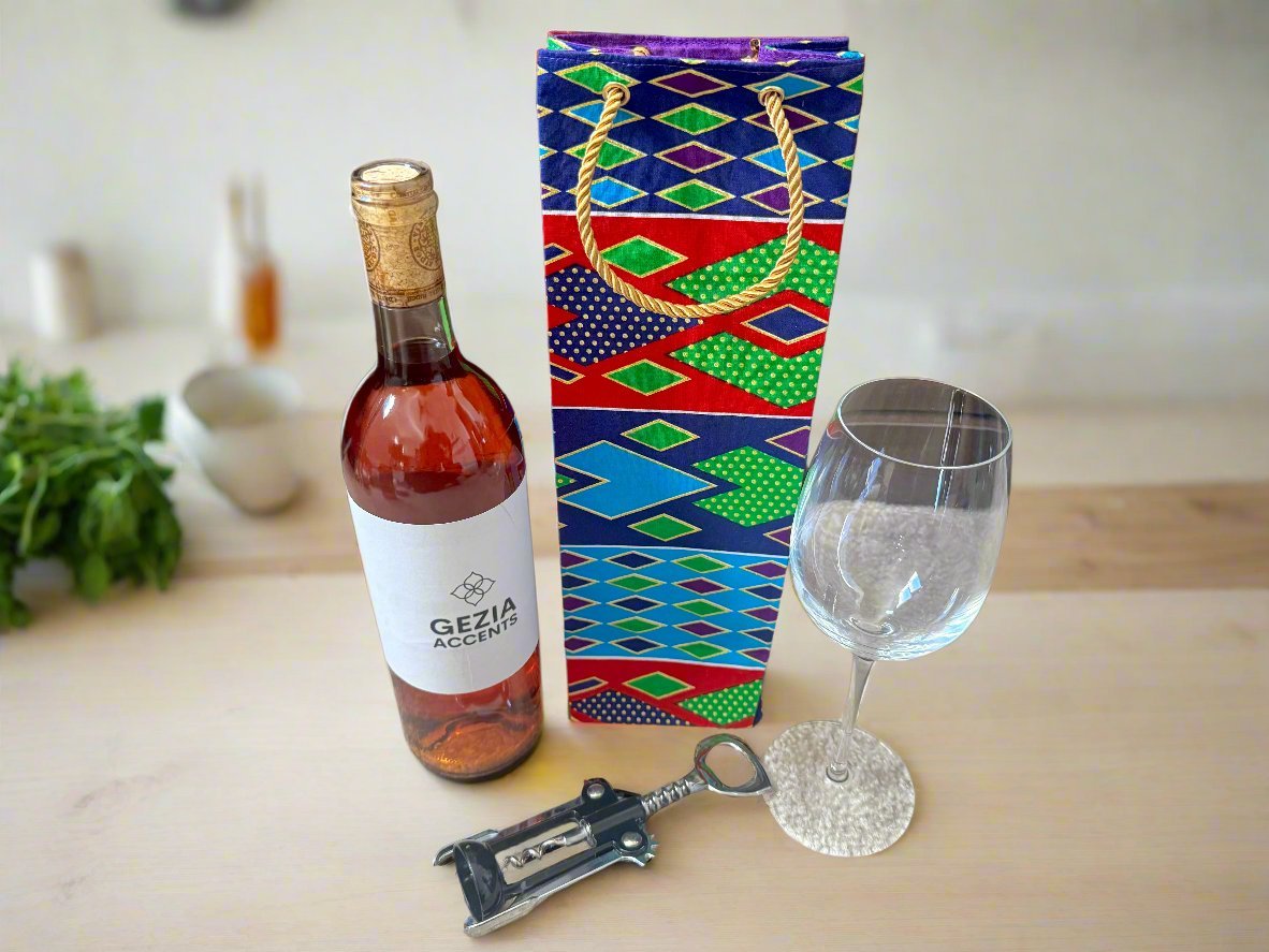 Ethnic, Fabric, Patterned, Handmade Turqoise, Green, Purple, and Gold Wine Gift Bag - Gezia Accents