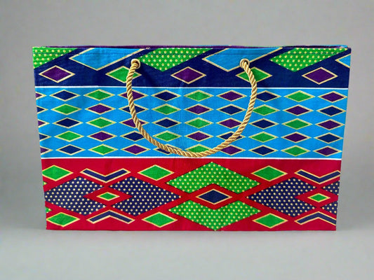 Ethnic, Fabric, Patterned, Handmade Turqoise, Navy Blue, Red, and Green, and Gold Medium Horizontal Bag - Gezia Accents