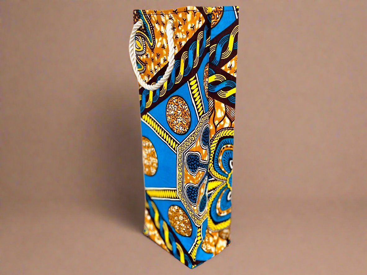 Ethnic, Fabric, Patterned, Handmade Turquoise, Cream, and Gold Wine Gift Bag - Gezia Accents