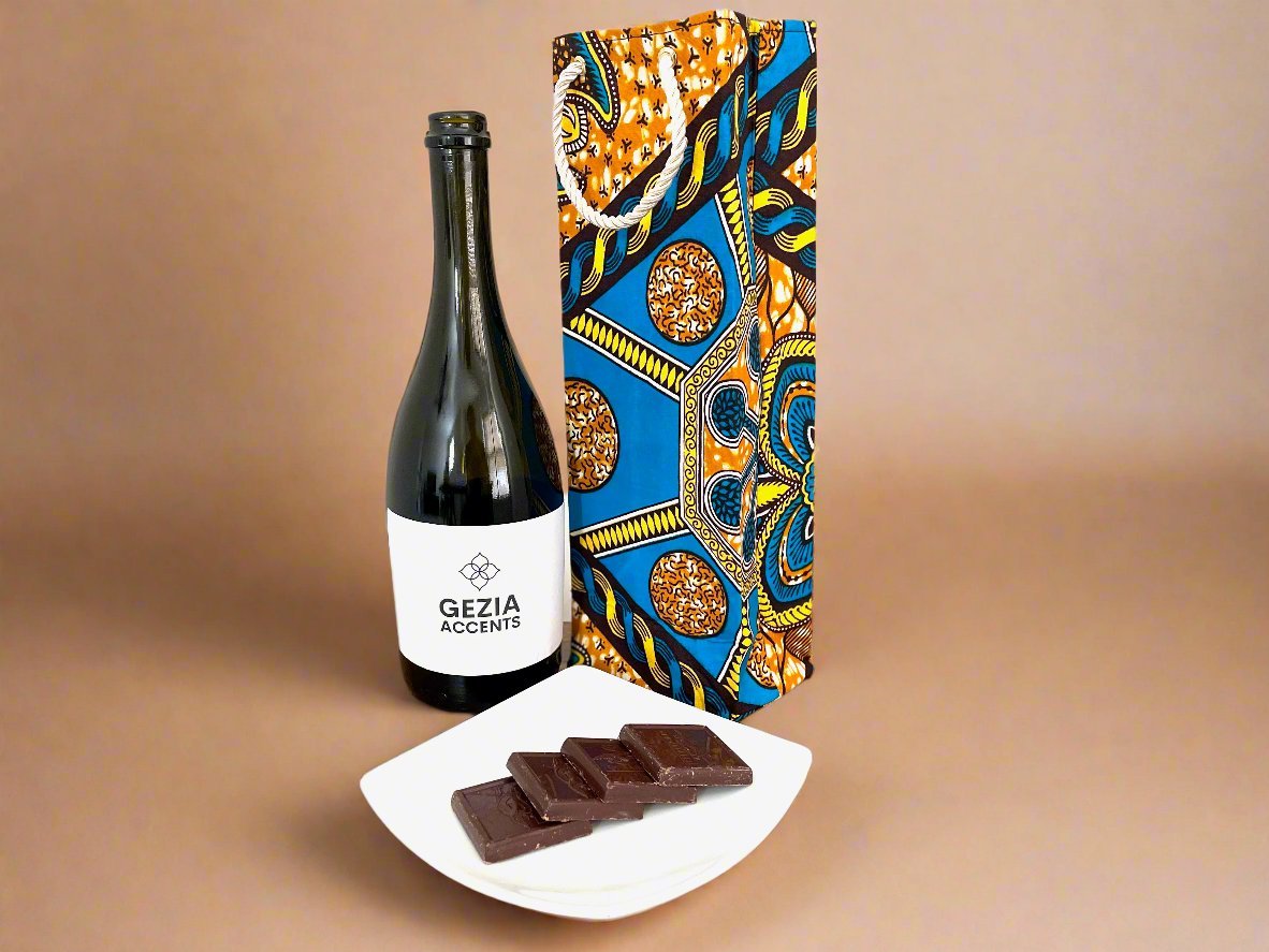 Ethnic, Fabric, Patterned, Handmade Turquoise, Cream, and Gold Wine Gift Bag - Gezia Accents