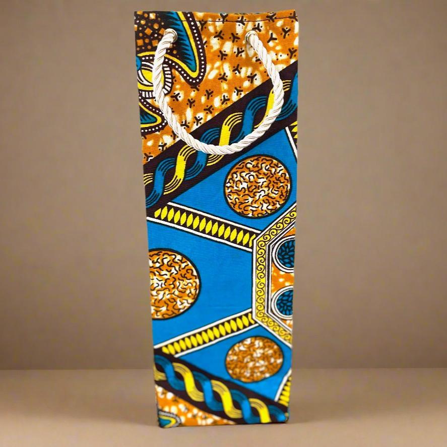 Ethnic, Fabric, Patterned, Handmade Turquoise, Cream, and Gold Wine Gift Bag - Gezia Accents