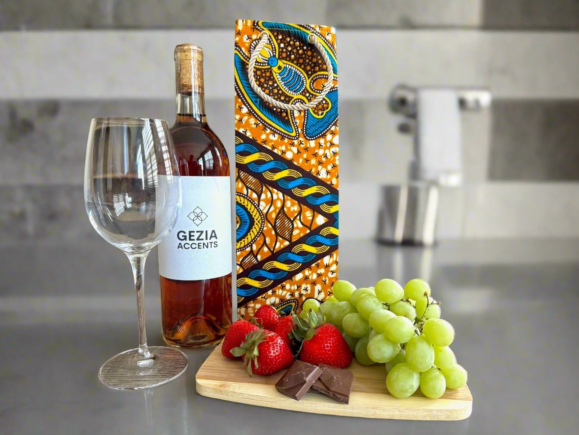 Ethnic, Fabric, Patterned, Handmade Turquoise, Cream, and Gold Wine Gift Bag - Gezia Accents