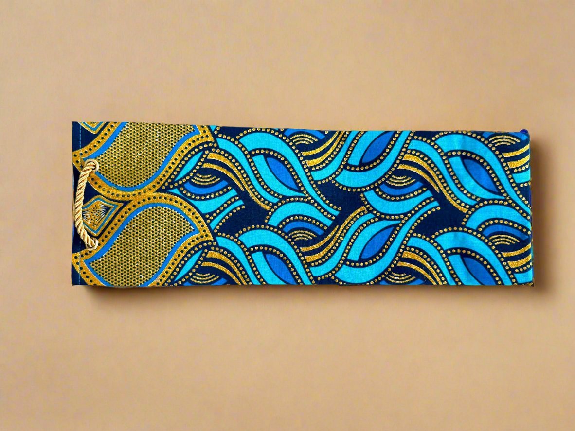 Ethnic, Fabric, Patterned, Handmade Turquoise, Dark Blue and Gold Wine Gift Bag - Gezia Accents