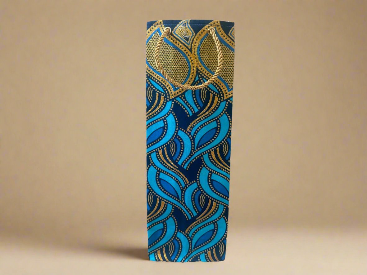 Ethnic, Fabric, Patterned, Handmade Turquoise, Dark Blue and Gold Wine Gift Bag - Gezia Accents