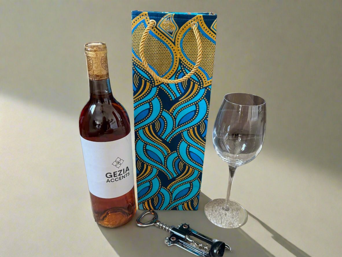 Ethnic, Fabric, Patterned, Handmade Turquoise, Dark Blue and Gold Wine Gift Bag - Gezia Accents