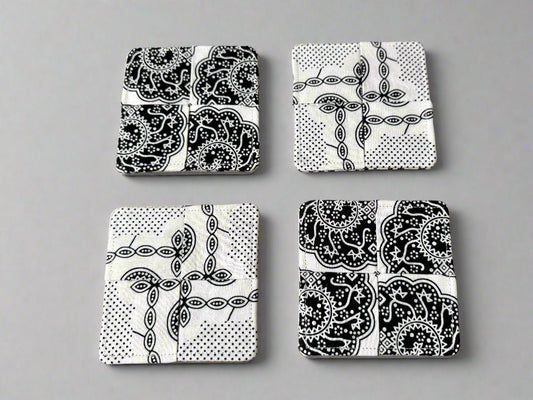 Ethnic, Fabric, Patterned, Handmade White and Black Coasters - Gezia Accents