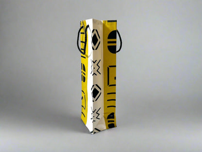 Ethnic, Fabric, Patterned, Handmade White, Yellow, and Black Wine Gift Bag - Gezia Accents