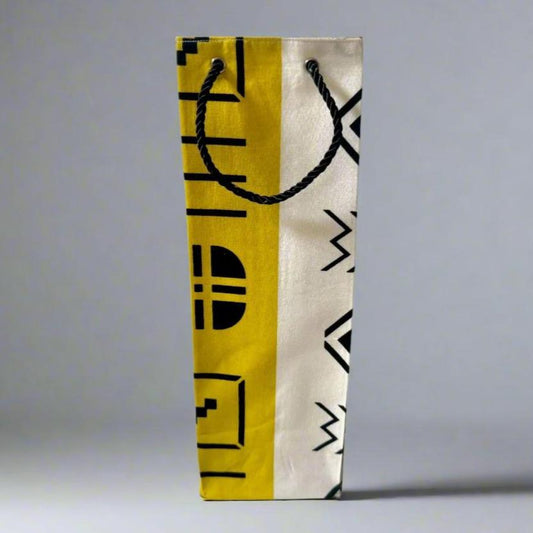 Ethnic, Fabric, Patterned, Handmade White, Yellow, and Black Wine Gift Bag - Gezia Accents