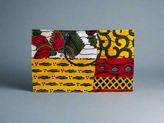 Ethnic, Fabric, Patterned, Handmade Yellow, Red, Black, and White Medium Horizontal Bag - Gezia Accents