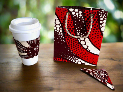 Ethnic, Fabric, Patterned, Reuseable, Eco - Friendly, Handmade Brown, Cream and Red Cup Sleeve - Gezia Accents